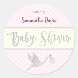 Silver Stork Baby Girl Baby shower Ronde Sticker