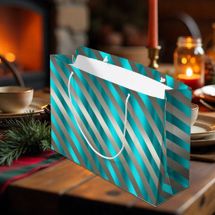 Silver Striped Aqua Modern Christmas Groot Cadeauzakje