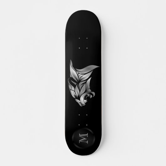 Silver Stylized Tiger Head op zwart monogram Skateboard (Voorkant)