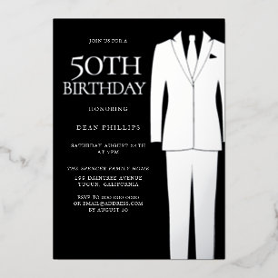 Silver Suit & Stropdas Black Mannen 50th Birthday Folie Uitnodiging