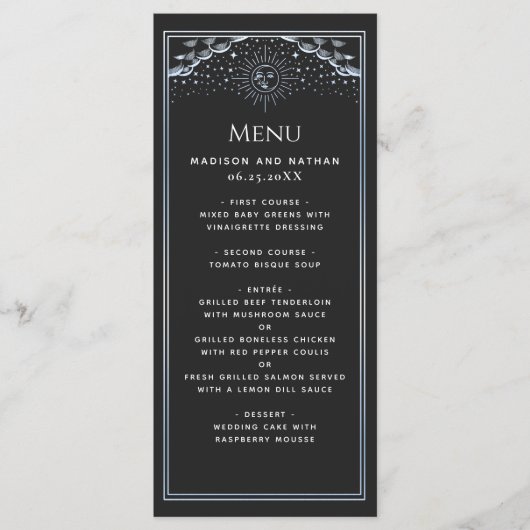 Silver Sun and Moon Tarot Wedding Flat Menu (Devant)