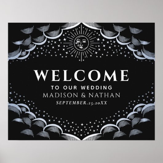 Silver Sun & Moon Tarot Card Wedding Welcome Sign Poster (Voorkant)