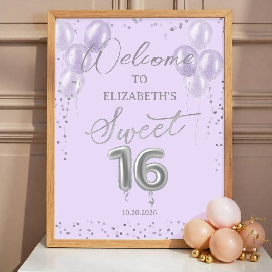 Silver Sweet 16 Ballons Lavande Affiche de bienven