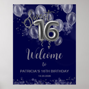 Silver Sweet 16 Balloons Royal Blue Welcome Sign Poster