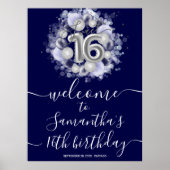 Silver Sweet 16 Bday Balloons Blue Welcome Sign Poster (Voorkant)