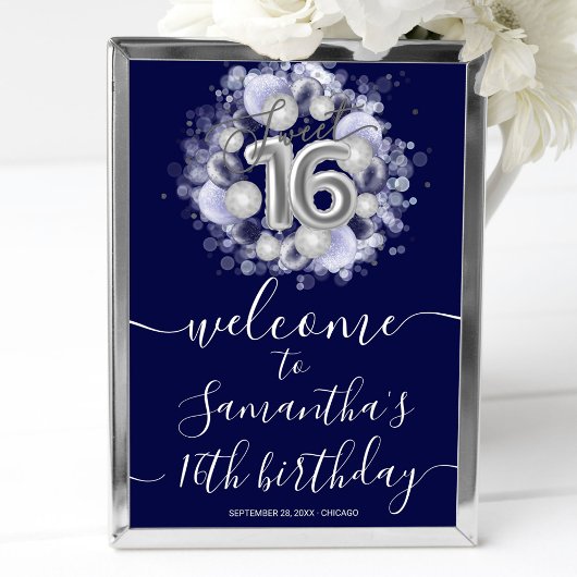 Silver Sweet 16 Bday Balloons Blue Welcome Sign Poster