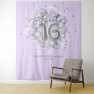 Silver Sweet 16 Bday Balloons Lavender Backdrop Wandkleed