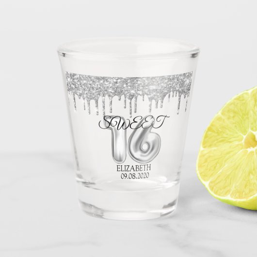 Silver Sweet 16 Glitter Drips Shot Glas (Voorkant)