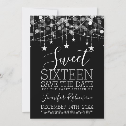 Silver Sweet 16 Sparkly String Lights sparen Datum Save The Date (Voorkant)