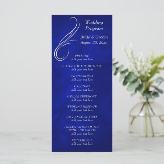Silver Swirl Bright Blue Wedding Programma (Staand voorkant)
