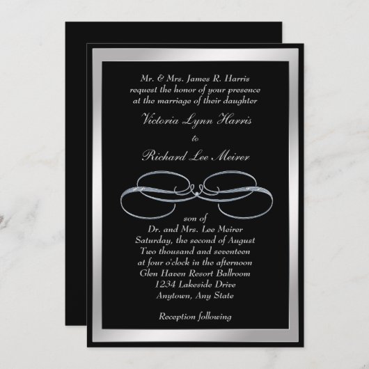 Silver Swirl sur Black Elegant Wedding Invitation (Devant / Derrière)