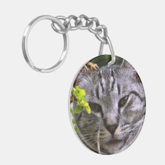 Silver Tabby Cat Face Sleutelhanger (Voorkant Links)