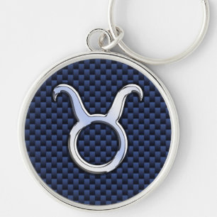 Silver Taurus Zodiac Sign Blue Carbon Fiber Print Sleutelhanger