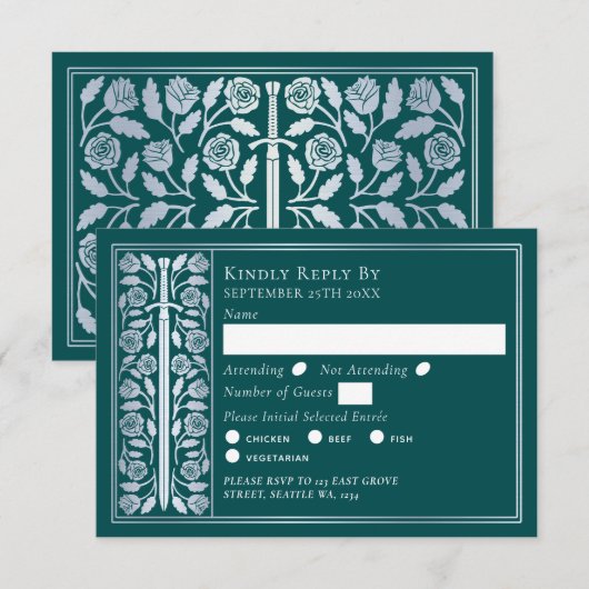 Silver Teal Medieval Sword Wedding RSVP Kaartje (Voorkant / Achterkant)