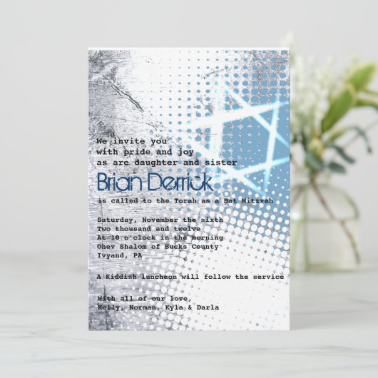 SILVER TEXTURE STAR Bar Bat Mitzvah Uitnodiging (Staand voorkant)