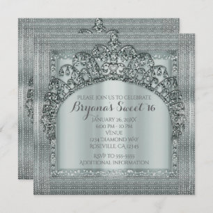 Silver Tiara Crown & Diamond Bling Invitations Kaart
