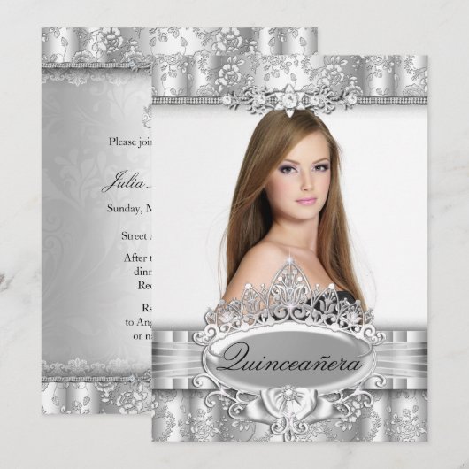 Silver Tiara & Floral Photo Quinceanera Invitation (Devant / Derrière)