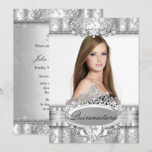 Silver Tiara & Floral Photo Quinceanera Invitation Kaart