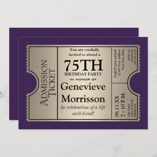 Silver Ticket Style 75e anniversaire Invitation de (Devant / Derrière)