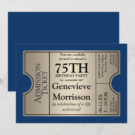 Silver Ticket Style 75e anniversaire Invitation de (Devant / Derrière)