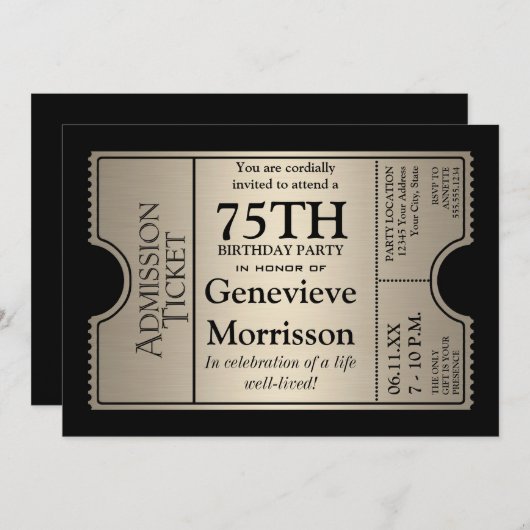 Silver Ticket Style 75e anniversaire Invitation de (Devant / Derrière)