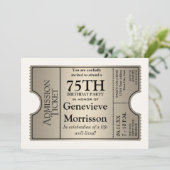 Silver Ticket Style 75th Birthday Party nodigt uit Kaart (Staand voorkant)