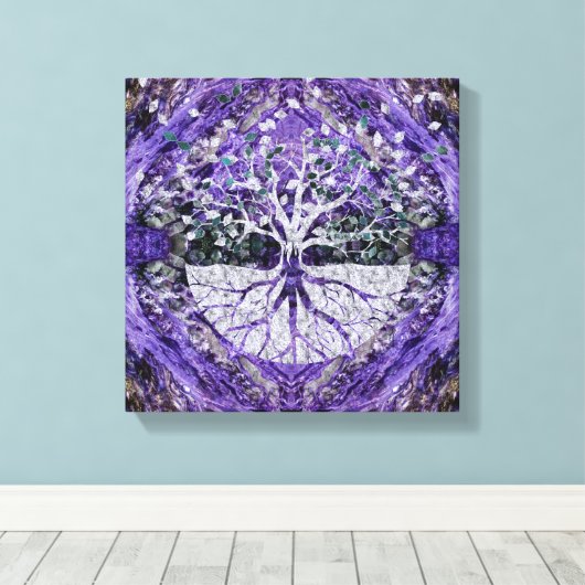 Silver Tree of Life Yggdrasil op Amethyst Geode Canvas Afdruk (Insitu (Houten vloer))