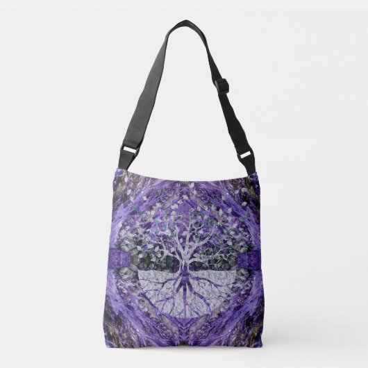 Silver Tree of Life Yggdrasil op Amethyst Geode Crossbody Tas (Voorkant)