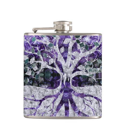 Silver Tree of Life Yggdrasil op Amethyst Geode Heupfles (Voorkant)