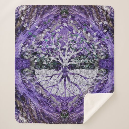 Silver Tree of Life Yggdrasil op Amethyst Geode Sherpa Deken (Voorkant)