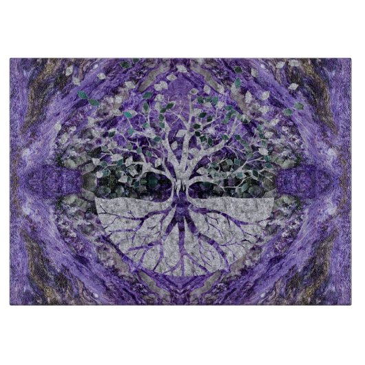 Silver Tree of Life Yggdrasil op Amethyst Geode Snijplank (Voorkant)