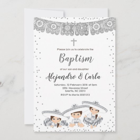 Silver Triplets Boy and Girl Baptism Invitation Kaart (Voorkant)