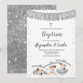 Silver Triplets Boy and Girl Baptism Invitation Kaart (Voorkant / Achterkant)