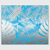 Silver tropisch bladpatroon op blauw oerwoud cadeaupapier (Vlak)