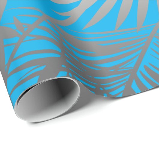 Silver tropisch bladpatroon op blauw oerwoud cadeaupapier (Rol Hoek)