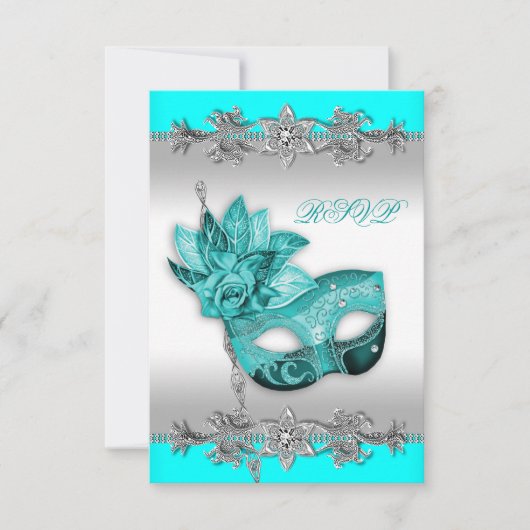 Silver Turquoise Blue Masquerade Party RSVP (Devant)