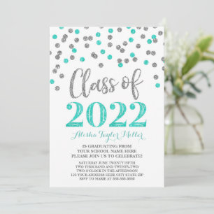 Silver Turquoise Confetti Graduation Party 2022 Kaart