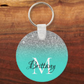 Silver Turquoise Glitter Ombre Monogram Sleutelhanger (Voorkant)