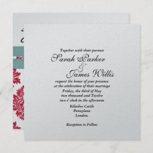 Silver & turquoise & red metallic Wedding Invite Kaart