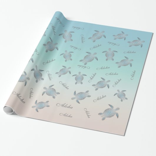 Silver Turquoise Zee Turtles Aloha Coastal Cadeaupapier (Uitgerold)