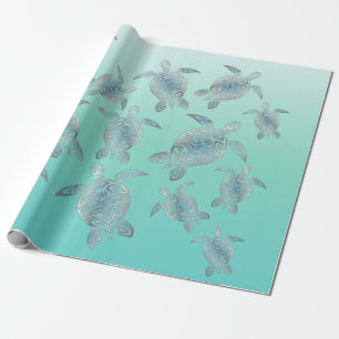 Silver Turquoise Zee Turtles Coastal Pattern Cadeaupapier