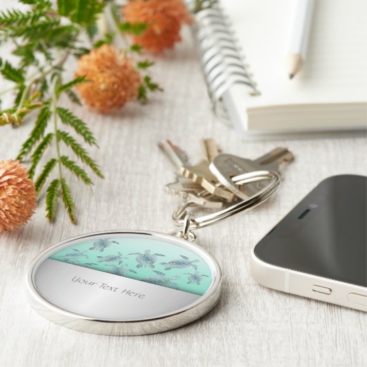 Silver Turquoise Zee Turtles Pattern Sleutelhanger (Zijkant)