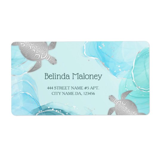 Silver Turtle Blue Ink Coastal QR Code Etiket (Voorkant)