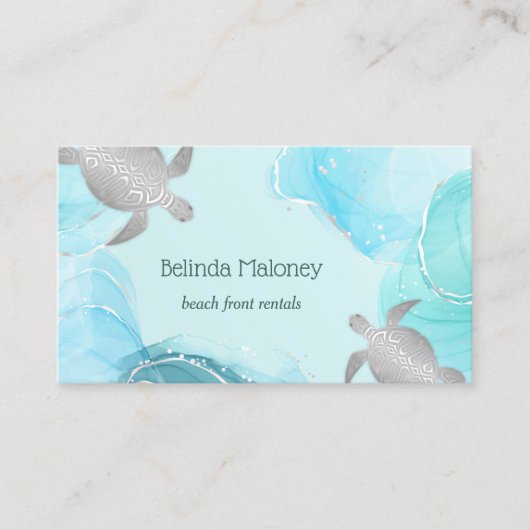 Silver Turtle Blue Ink Coastal QR Code Visitekaartje (Voorkant)