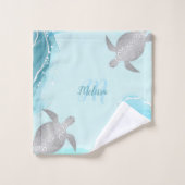 Silver Turtle Light Blue Marble Monogram Jouw naam Bad Handdoek (Wasdoekje)