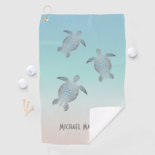 Silver Turtles Beach Style Jouw naam Golf Towel Golfhanddoek (Insitu)