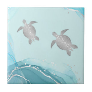 Silver Turtles Blue Ink Background   Kustkust Tegeltje