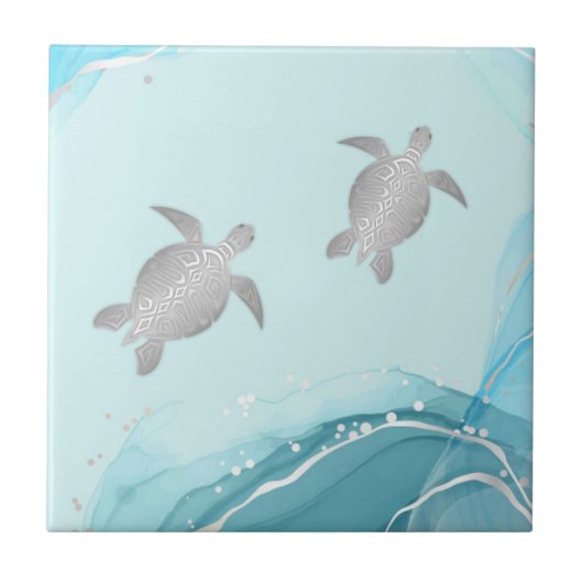 Silver Turtles Blue Ink Background | Kustkust Tegeltje (Voorkant)