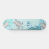 Silver Turtles Blue Marble Monogram Jouw naam Skateboard (Horizontaal)