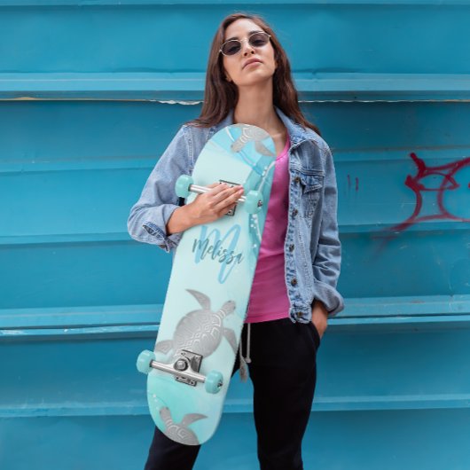 Silver Turtles Blue Marble Monogram Jouw naam Skateboard